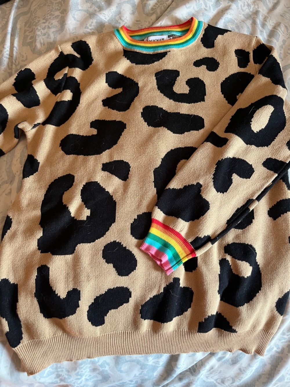Women’s  Leopard Print Sweater with Rainbow Trim - Tan & Black